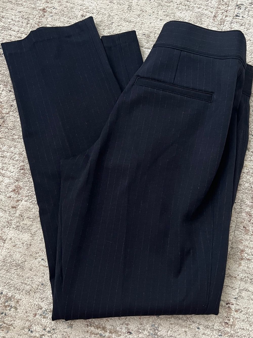 Spanx The Perfect Pant Womens M Petite Blue Pinstripe Ankle Slim Straight
